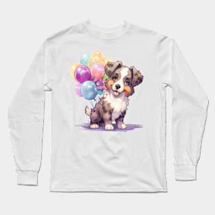 Australian Shepherd Dog Holding Balloons Long Sleeve T-Shirt